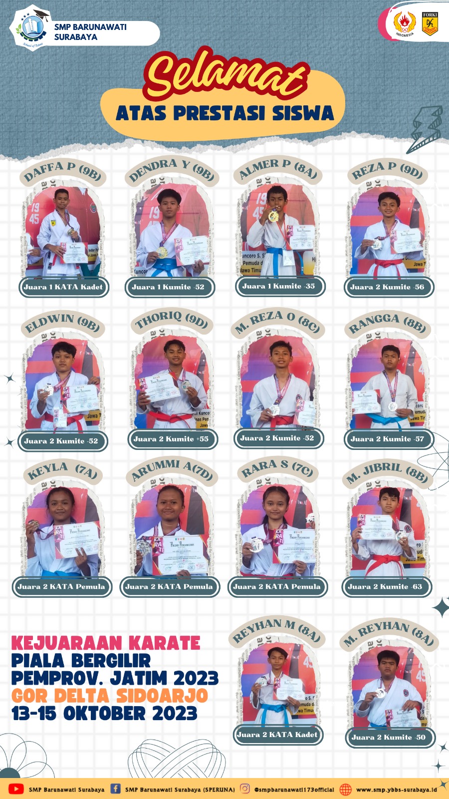 Gambar SMP Barunawati Panen Juara  di Kejuaraan Karate Terbuka Piala Bergilir Pemprov Jatim 2023